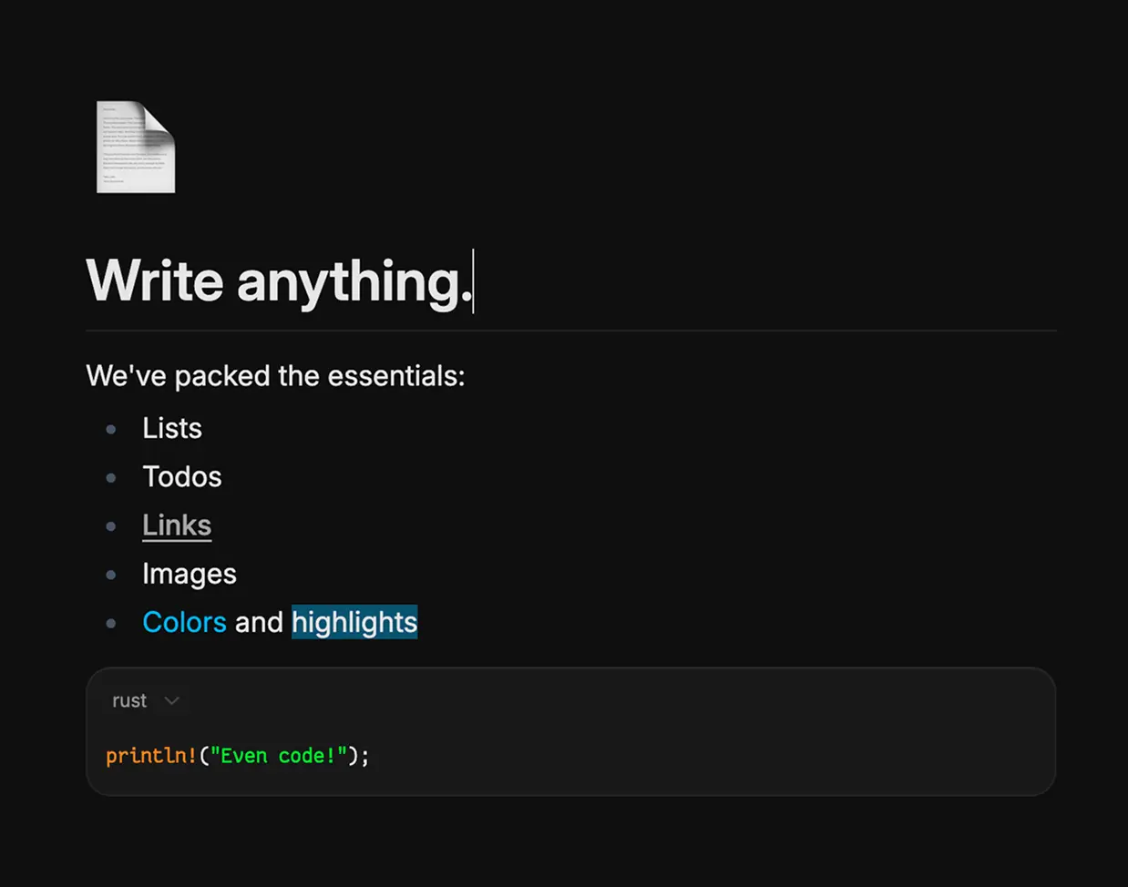 Screenshot of core editor features